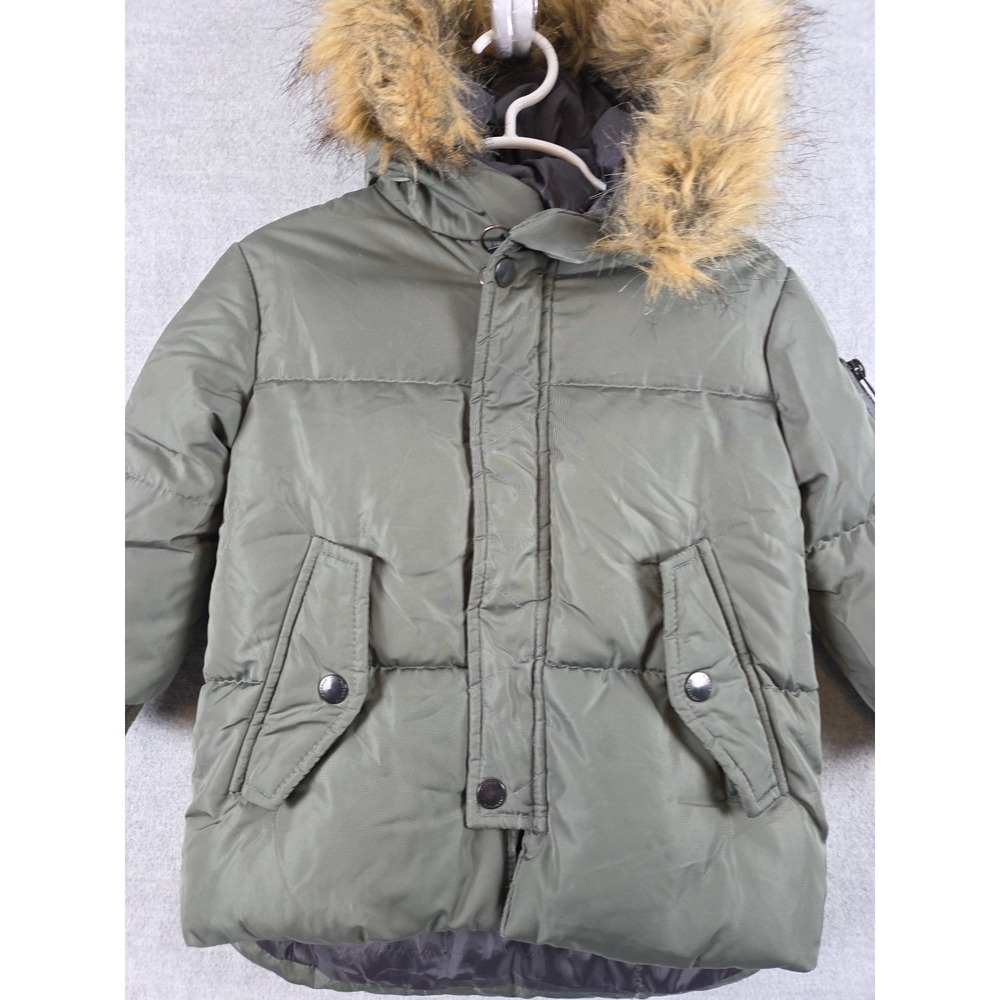 Zara Boys 12-18 Months Down Puffer Coat Jacket Faux Fur Hood‎ Parka Olive Green